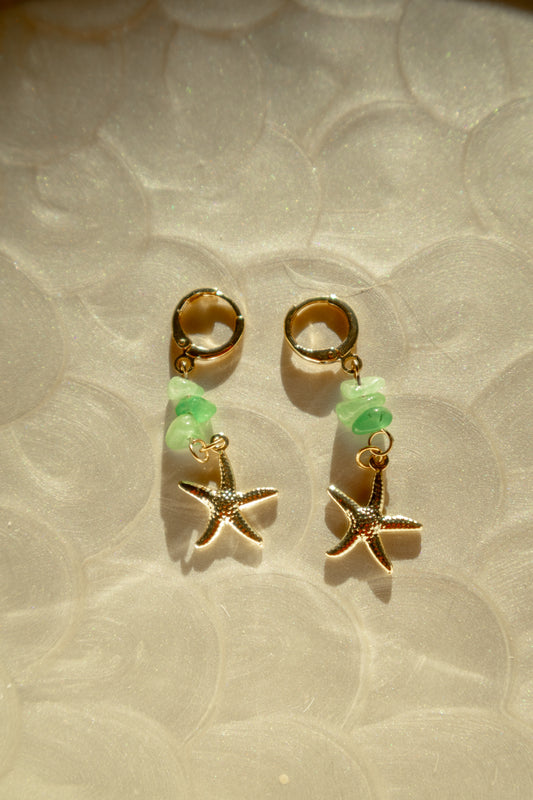 Tiered Starfish Seaglass Huggie Hoop Earrings
