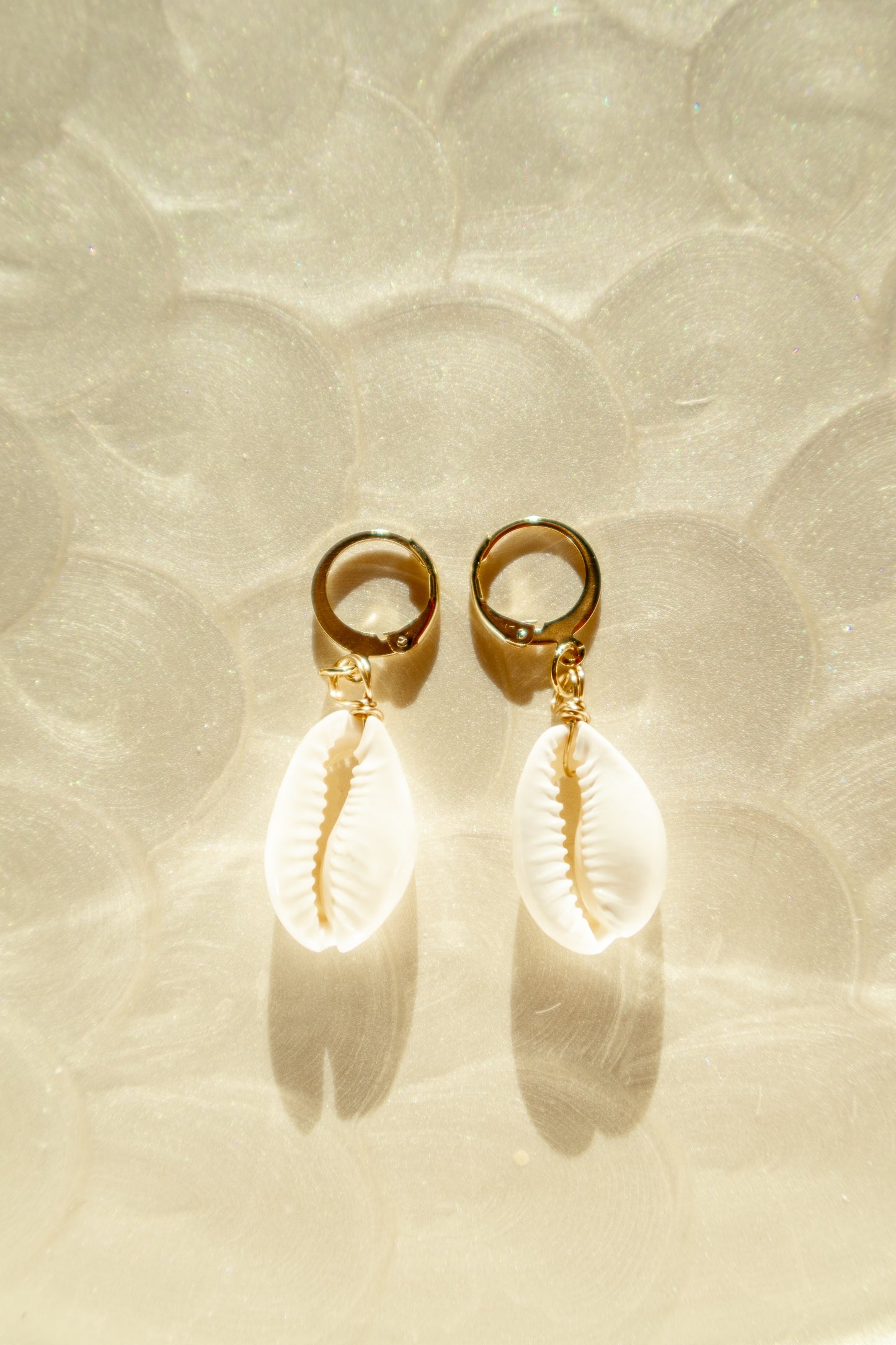 Gold Natural Cowrie Shell Huggie Hoop Earrings