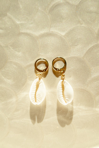 Gold Natural Cowrie Shell Huggie Hoop Earrings