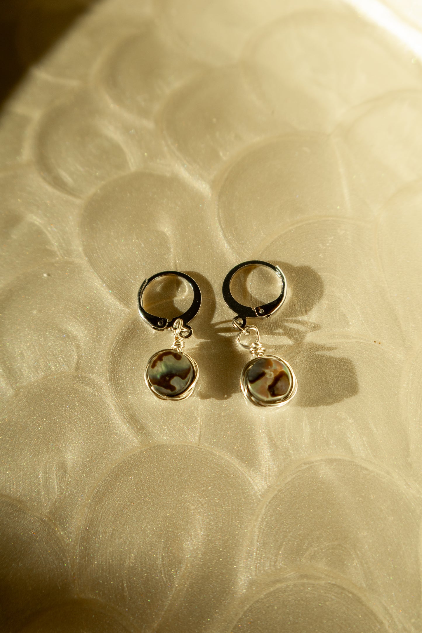 Silver Circle Natural Abalone Huggie Hoop Earrings