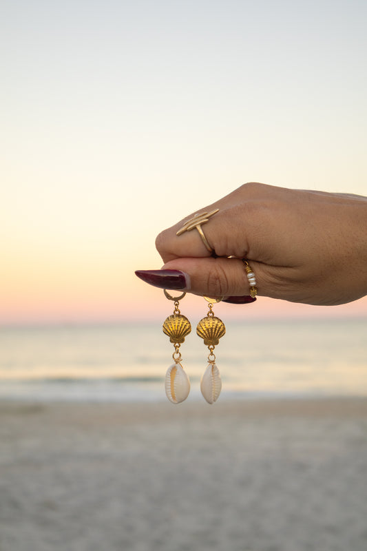 Tiered Gold Shell Cowrie Huggie Hoop Earrings
