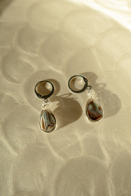 Silver Teardrop Natural Abalone Huggie Hoop Earrings
