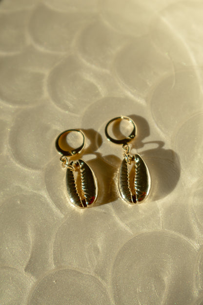 Gold Cowrie Shell Huggie Hoop Earrings