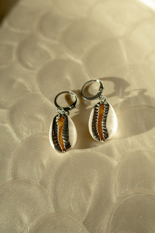 Silver Dipped Natural Cowrie Shell Huggie Hoop Earrings