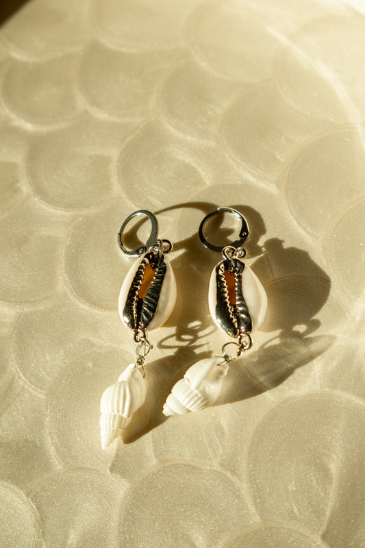 Tiered Silver Cowrie & Cone Shell Huggie Hoop Earrings