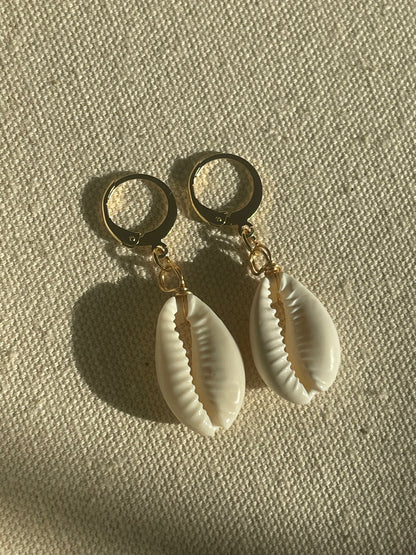 Gold Natural Cowrie Shell Huggie Hoop Earrings