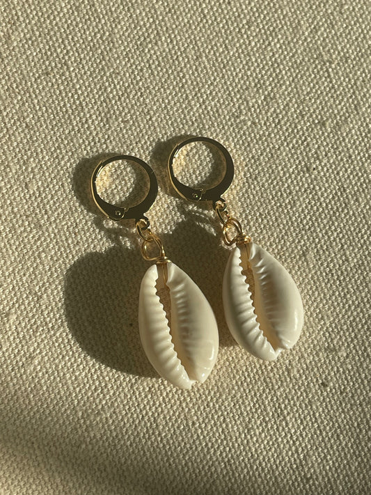 Gold Natural Cowrie Shell Huggie Hoop Earrings