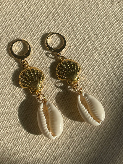 Tiered Gold Shell Cowrie Huggie Hoop Earrings