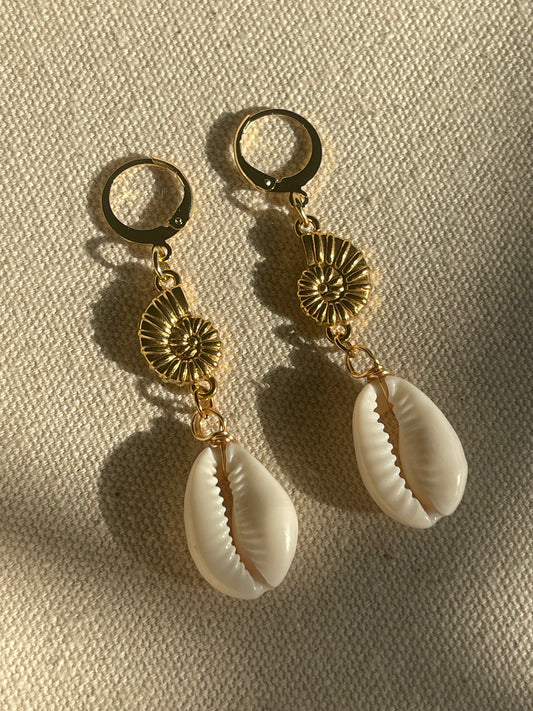 Tiered Nautilus Cowrie Shell Huggie Hoop Earrings