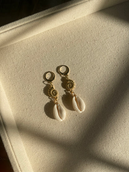 Tiered Nautilus Cowrie Shell Huggie Hoop Earrings