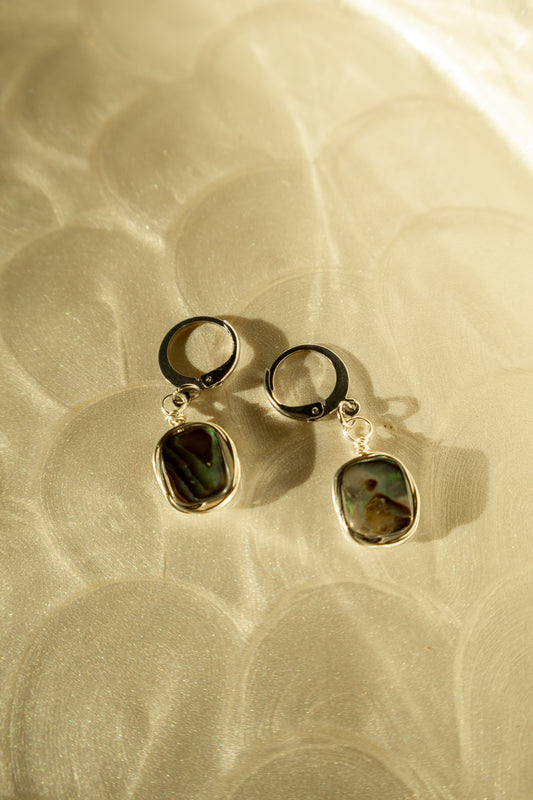 Silver Square Natural Abalone Huggie Hoop Earrings