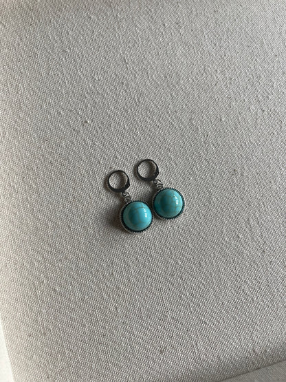 Silver Arizona Turquoise Circle Huggie Hoop Earrings