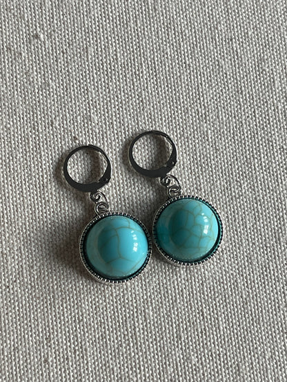 Silver Arizona Turquoise Circle Huggie Hoop Earrings