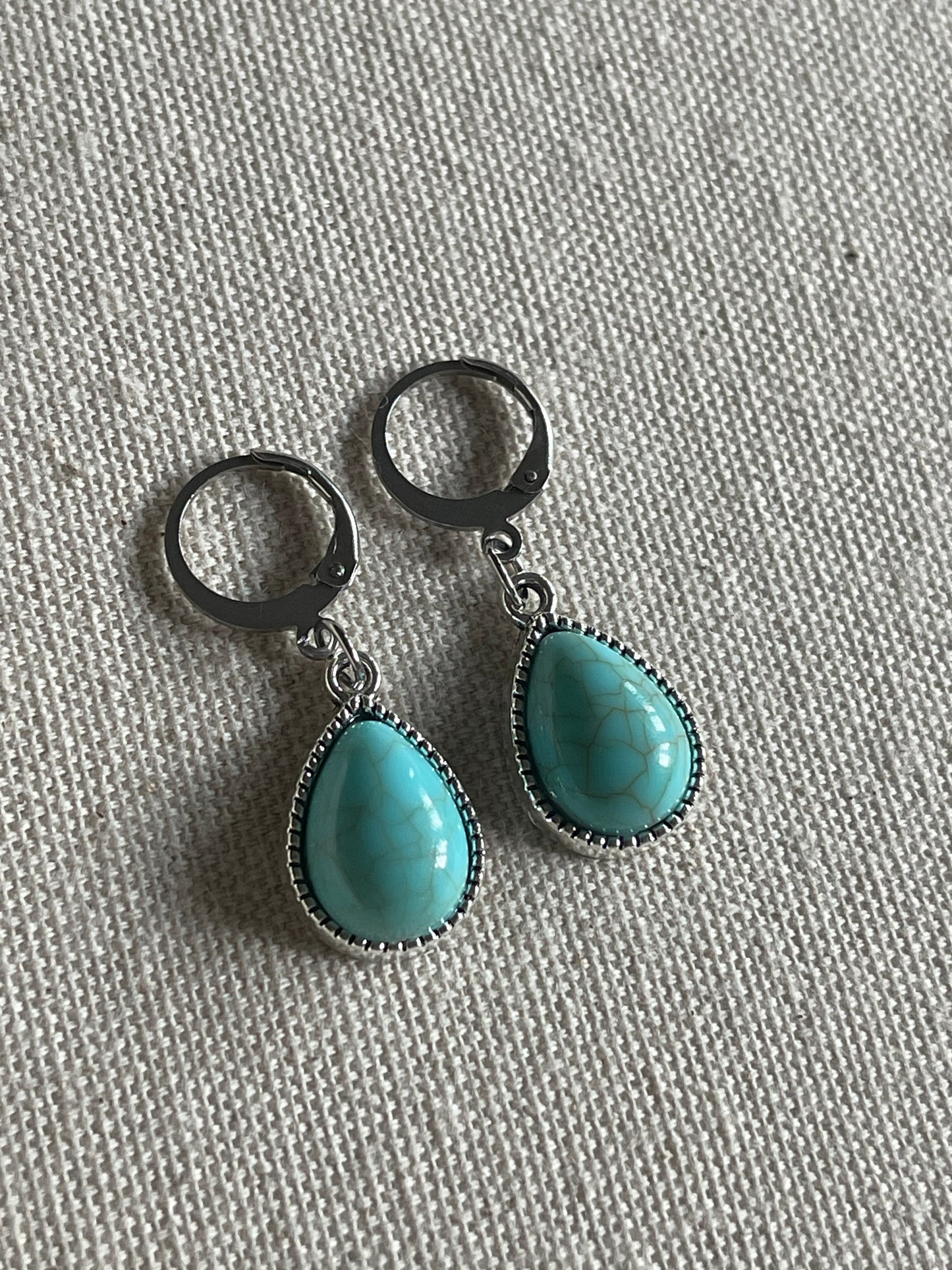 Silver Arizona Turquoise Teardrop Huggie Hoop Earrings