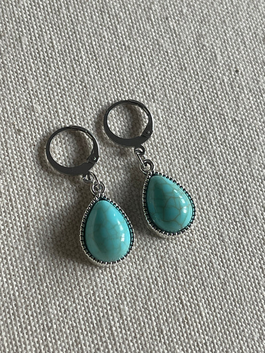 Silver Arizona Turquoise Teardrop Huggie Hoop Earrings