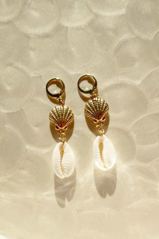 Tiered Gold Shell Cowrie Huggie Hoop Earrings